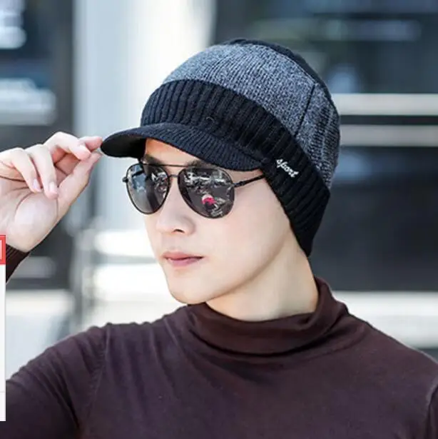 Black Brim Hat Мужская зимняя шапка и шарф, набор для женщин, мужские кольца, шарфы, шапка с полями, вязанный козырек, шапочки, Балаклава для взрослых, теплый комплект из 2 предметов - Цвет: Black Brim Hat