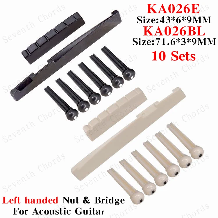 

10 наборов пластиковых гаек для левшей с прорезями, седловых и мостовых штифтов для акустической гитары-KA026BL + KA026E