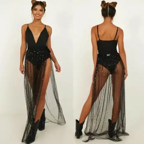 Women Black Sequin Skirts Mesh Transparent Split Long Maxi Skit Femme Sheer Beach Wrap Sarong Pareo Skirts For Women Gothic