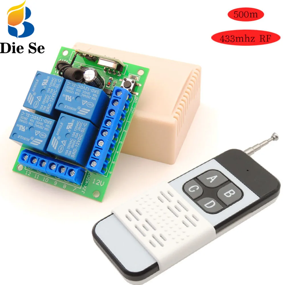 

433MHz RF Switch DC 12V 4CH Relay Receiver and 500m Transmitter,Remote Control Switch for Garage Door Light Motor Home Appliance