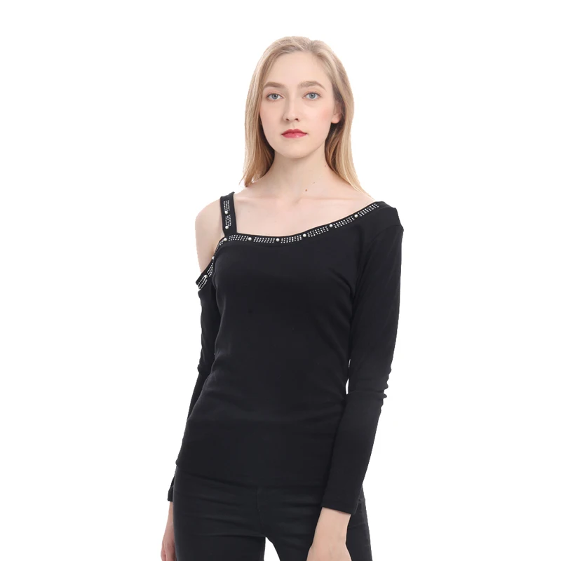 Женская футболка с бусинами топ длинными рукавами на одно плечо Сексуальная