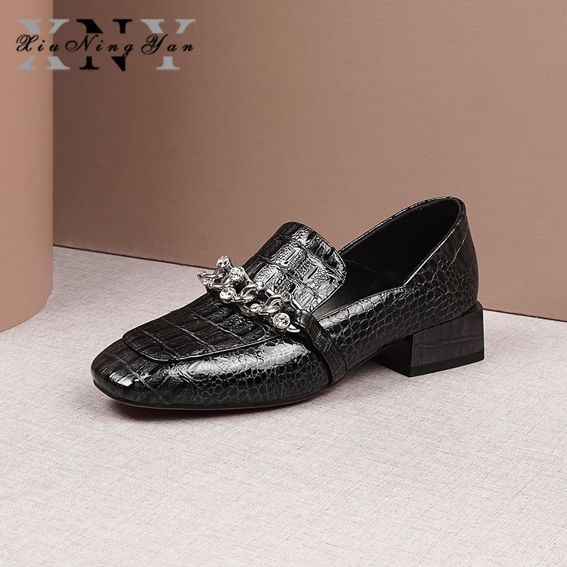 

Xiuningyan Brand Fashion Women's Pumps Genuine Leather Square Toe Pearl Classic Dress Shoes Wedding Party Office Lady Footwear