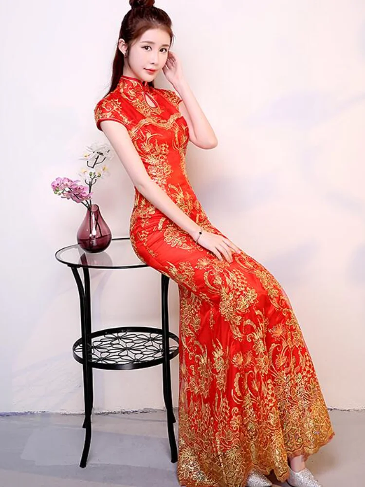 Женское Красное китайское свадебное платье Ципао женское с коротким рукавом