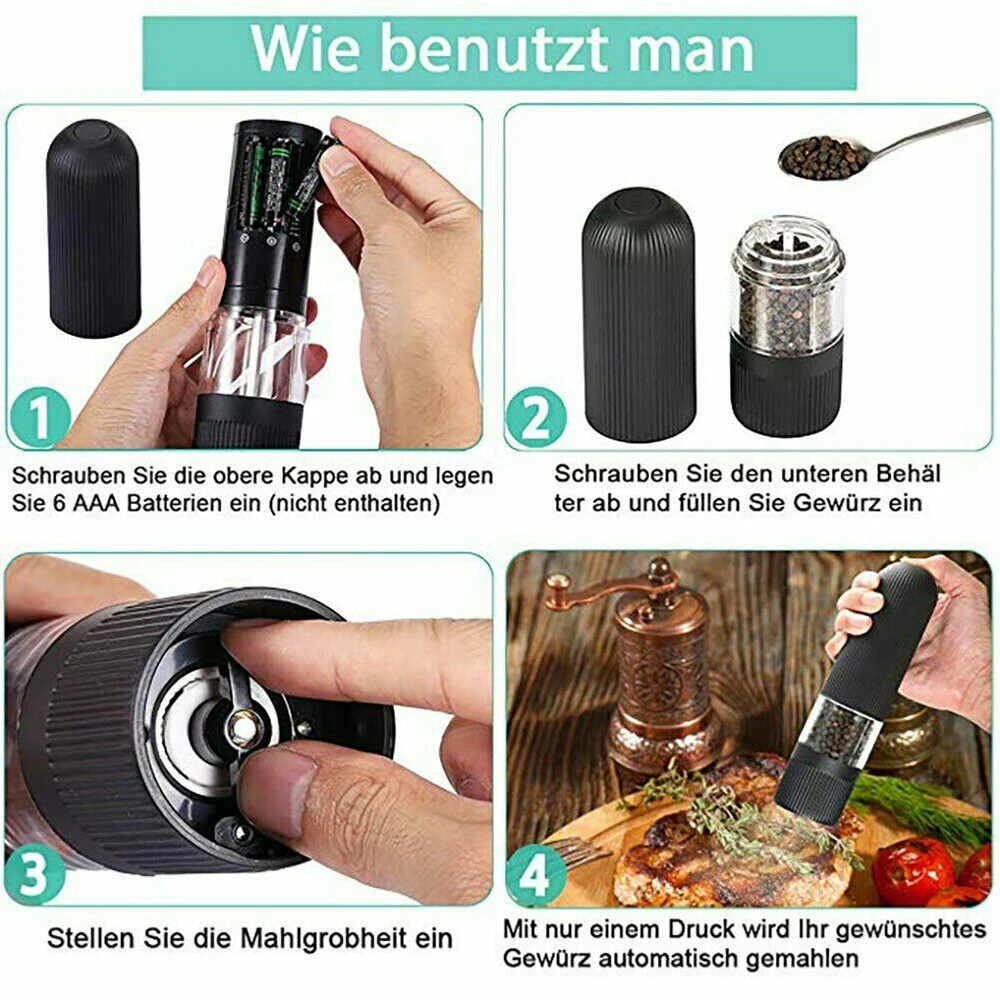 

Electric Salt Pepper Grinder Set Automatic Pepper Mill with LED Light For Herb Pepper Spice Adjustable Kitchen Grinding Gadgets