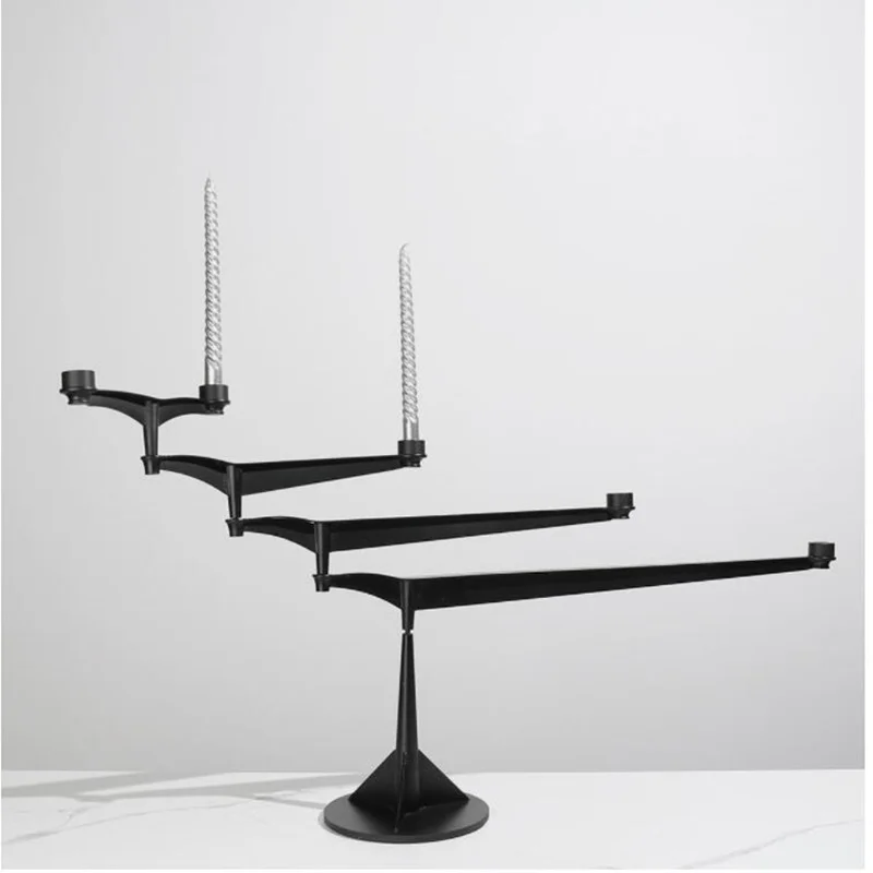 

Modern Home Living Room Desktop Long Arm Rotating Decorative Candle Holder Black Metal Geometric Dining Table Candle Holder