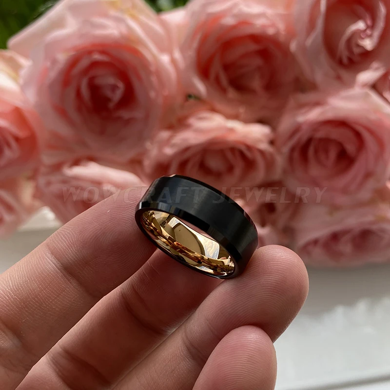 

8mm Mens Womens Rose Gold Black Wedding Ring Tungsten Carbide Anniversary Engagement Bands Matte Finish Beveled Edges