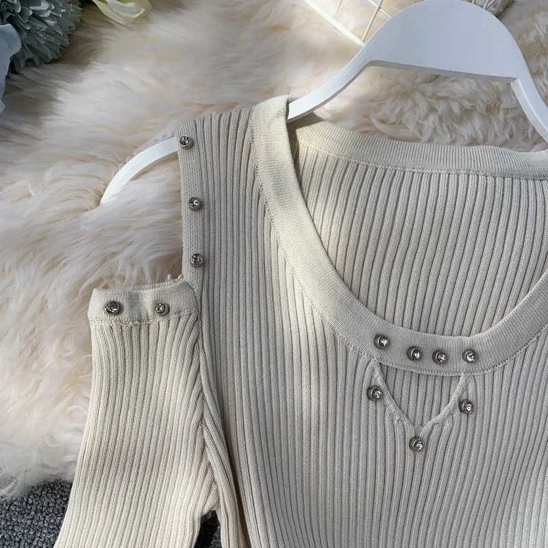 

Long Knitted Dress Sweater Black Sexy Off Shoulder Long Sleeve V Neck Korean Office Beading Plus Size Dress Women Vestidos