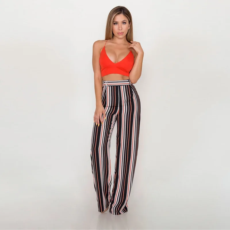 

2021 Casual Fitness Women Fashion Office Beige Pants Chic Button Zip Elegant Pink Casual Woman Pants Sexy Wide Leg Striped Pants