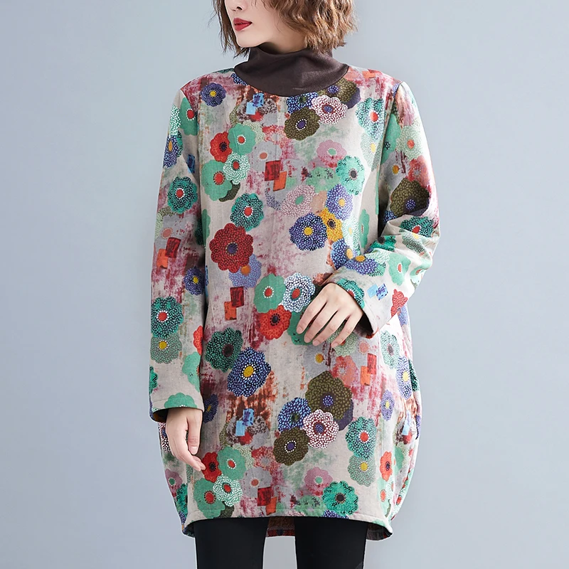 

2021 New Turtleneck Thicken Fleece Warm Winter Dress Floral Print Vintage Cotton Linen Women Casual Loose Dress Femme Clothes