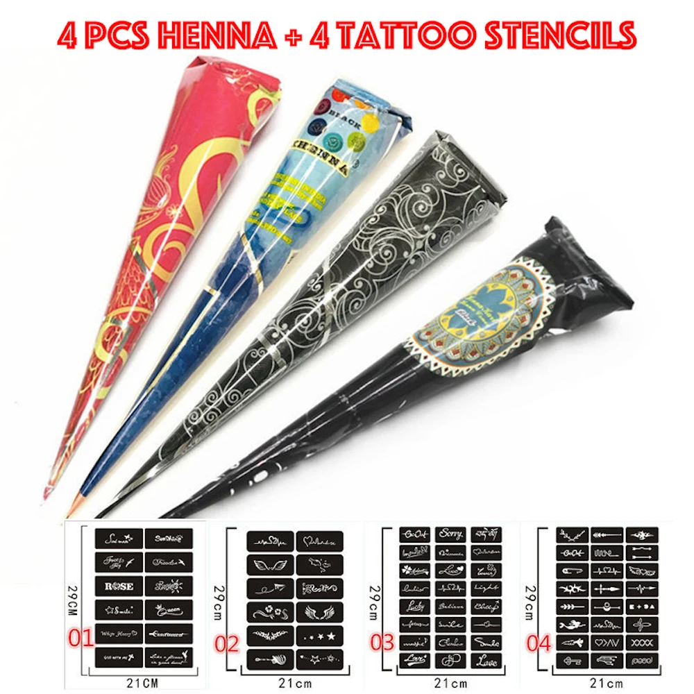 

4pcs Black and Red Indian Henna Tattoo Paste Cone Set Waterproof Tattoo for Women Waterproof Temporary Tattoos and Body Art New