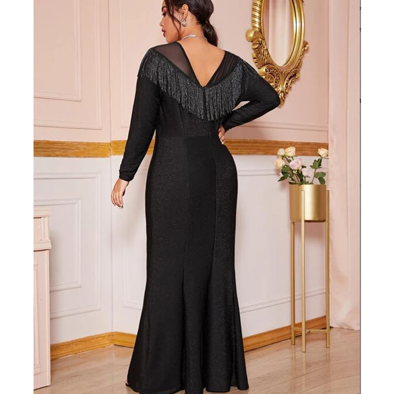 

Vintage Dresses for Women Party Mesh Tassel Lace Elegant Black Dress V Backless Plus Size Long Dress Wholesale Dropshipping
