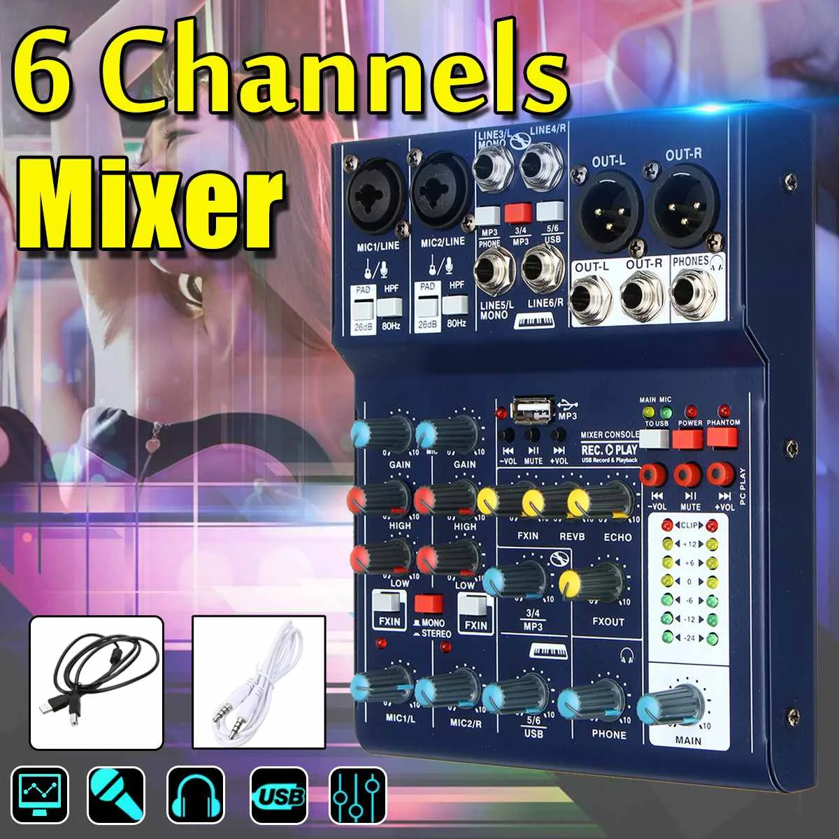 

Mini 6 Channel Sound DJ Mixer Reverberation Console USB Record 48V Phantom DSP Effect Audio Mixer Karaoke Live Stage