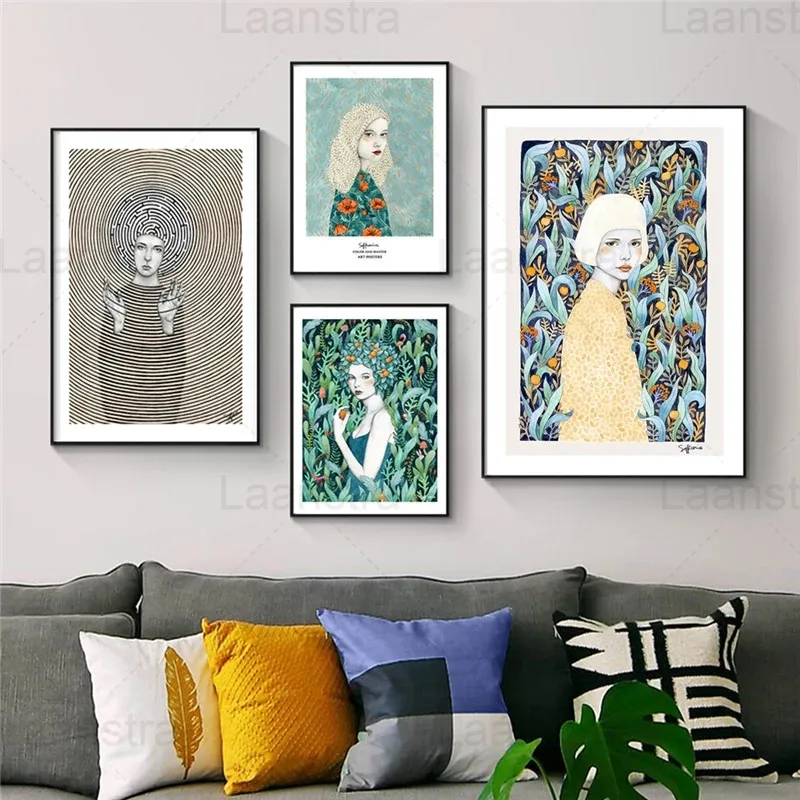 

Abstract Flower Women Poster Nordic Canvas Painting Green Plant Wall Art Poster and Print Modern Fashion Girl Picture Home Decor