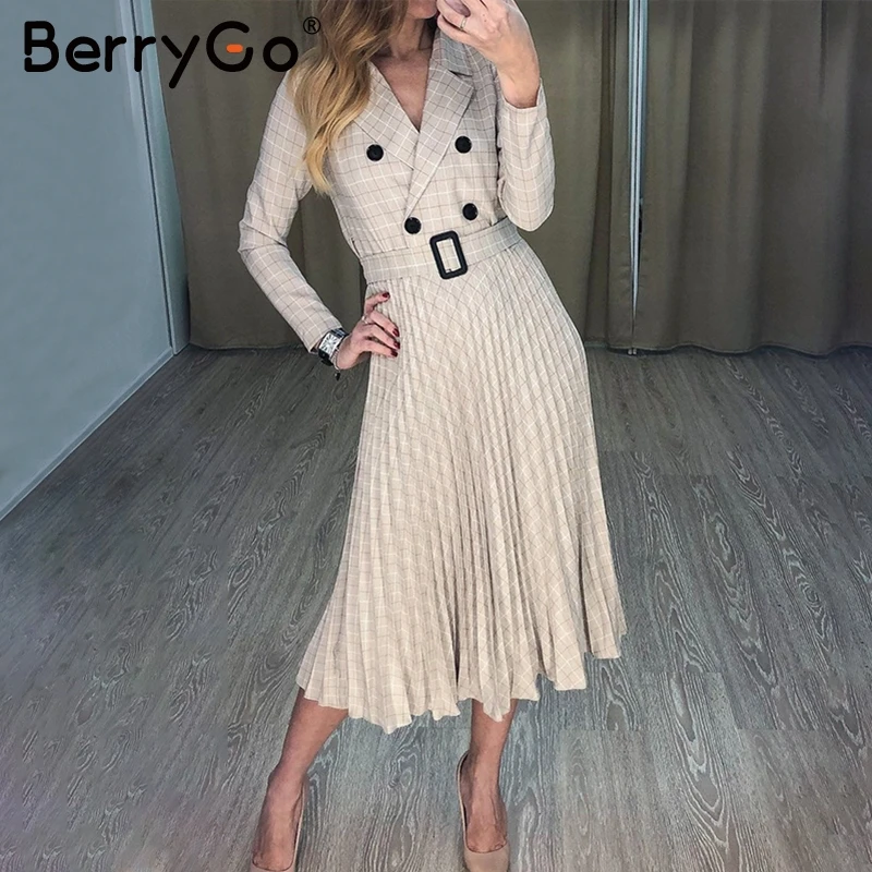 BerryGo элегантный офисный Женский блейзер платья женские Сексуальные Плиссированные клетчатые Длинные платья осенне-зимний халат Высокая талия с поясом женское платье
