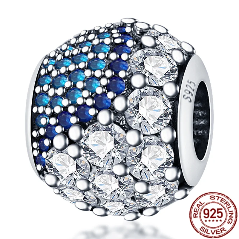 

925 Sterling Silver Shiny Blue And White Zircon Combination Round Beads Charms For Original Pandora Bracelet Bangle Making Woman