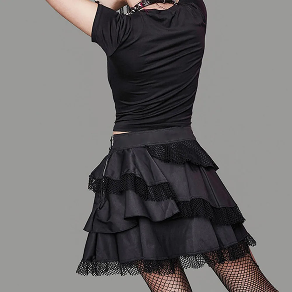 

Gothic Rock Punk Fishing Net Splicing Solid Color Skirt High Waist Fashion Ruffle Black 2021 Summer New Women's Casual
