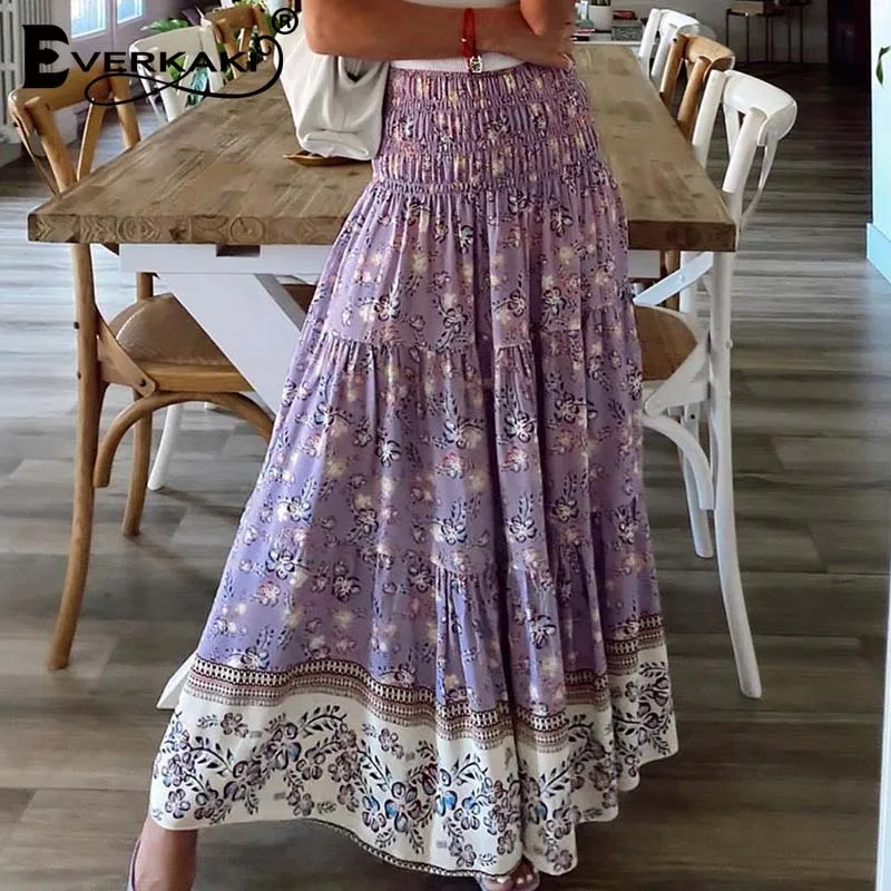 

Everkaki Gypsy Floral Print Skirt Women Summer Bottom Elastic Waist Boho Ladies Ethnic Long Skirts Female Chic 2021 New Fashion