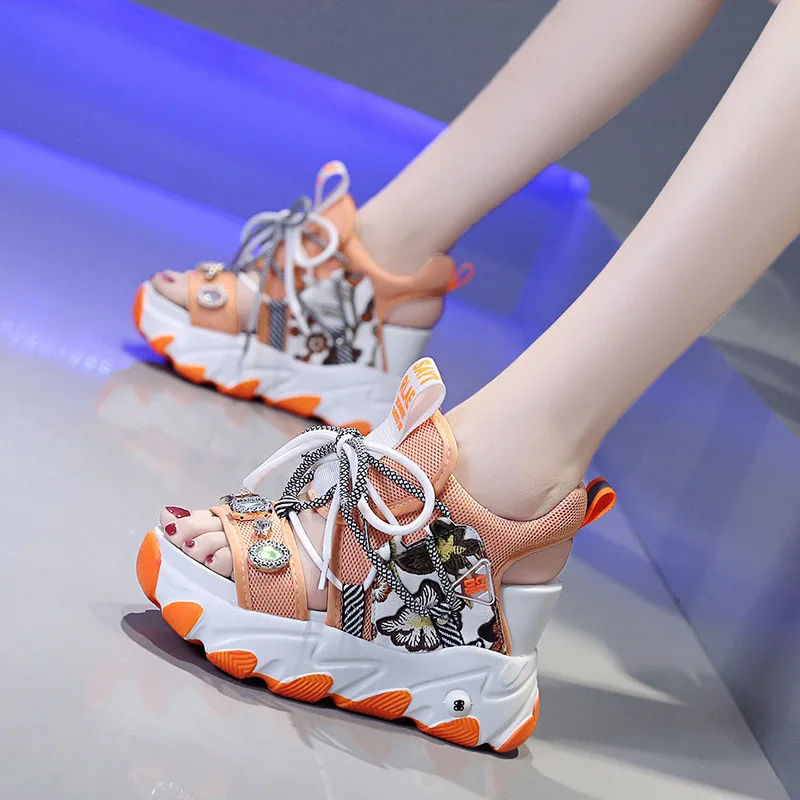 

10cm super high heel broken rhinestone open-toe sandals summer women's new thick-soled heighten sports shoes