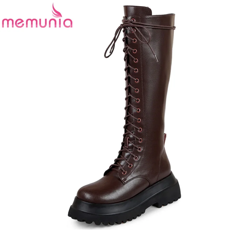 

MEMUNIA New Arrive Zipper Knee High Boots Sexy Fashion Popular Platform Cow Leather Boots Comfortable Concise Women Winter Boots