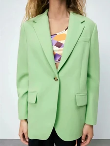 Summer Oversized Menswear Style Woman Blazer 2021 Green Lapel Long Sleeve Blazer Casual Flap Pocket Button Loose Blazers Women