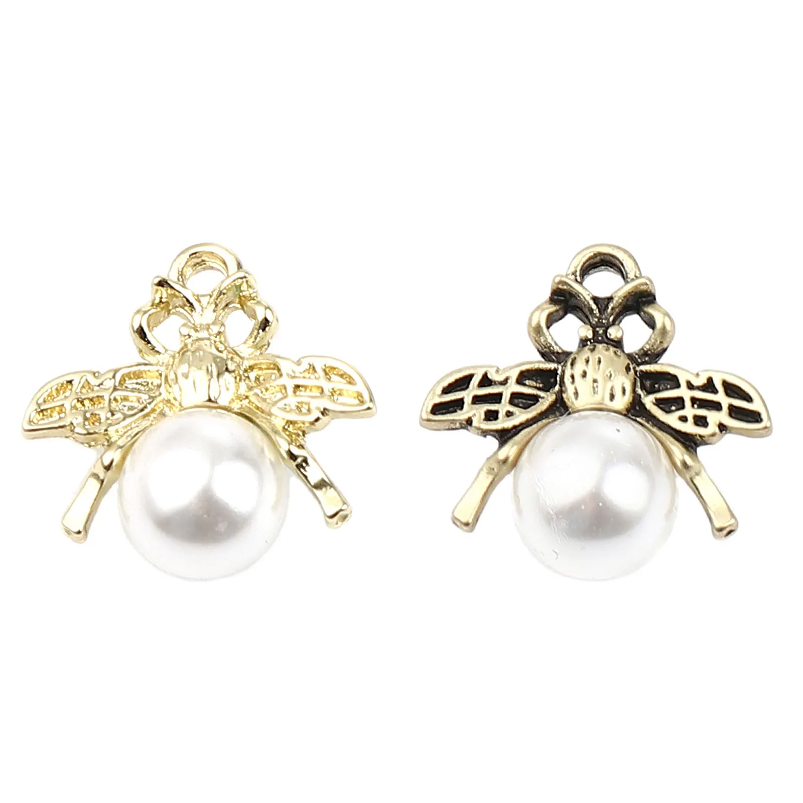 

10/5PCs Zinc Based Alloy & Acrylic Insect Charms Bee Animal Gold Color White Imitation Pearl 17mm x 17mm