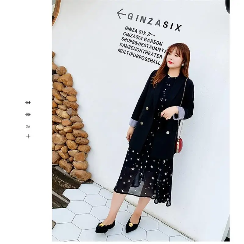 2019 Women Dress Amazon Wish Autumn And Winter Printed round Neck Long Sleeve Large black print fat sister long Chiffon dress |