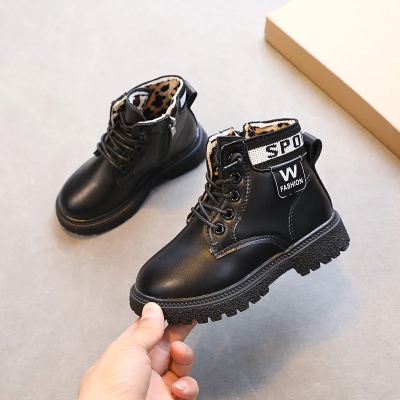 

Winter Kids Boots For Boys New Fashion Leather Children Martin Ankle Boots Boys Sneakers Girl Cotton Shoes Plush Warm Snow Boots