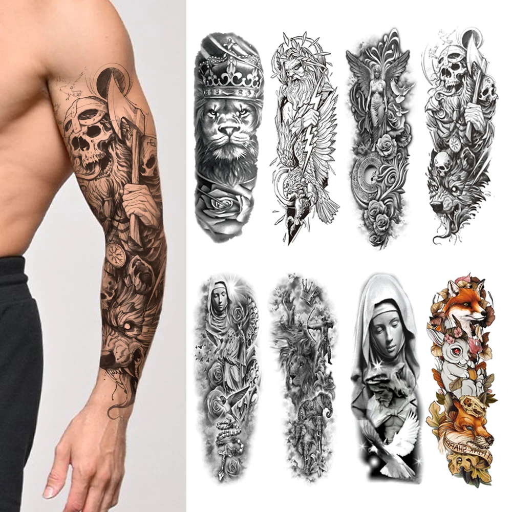 

Full Arm Sleeve Tattoo Sticker Warrior Totem For Body Art Waterproof Temporary Tattoos Big Size Owl Snake Fake Tattoo Flash Men