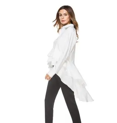 Black Cascading Ruffle Shirt Women 2020 Spring Autumn Lapel Top Female Long Sleeve Vintage High Low Blouse DW27 | Женская одежда