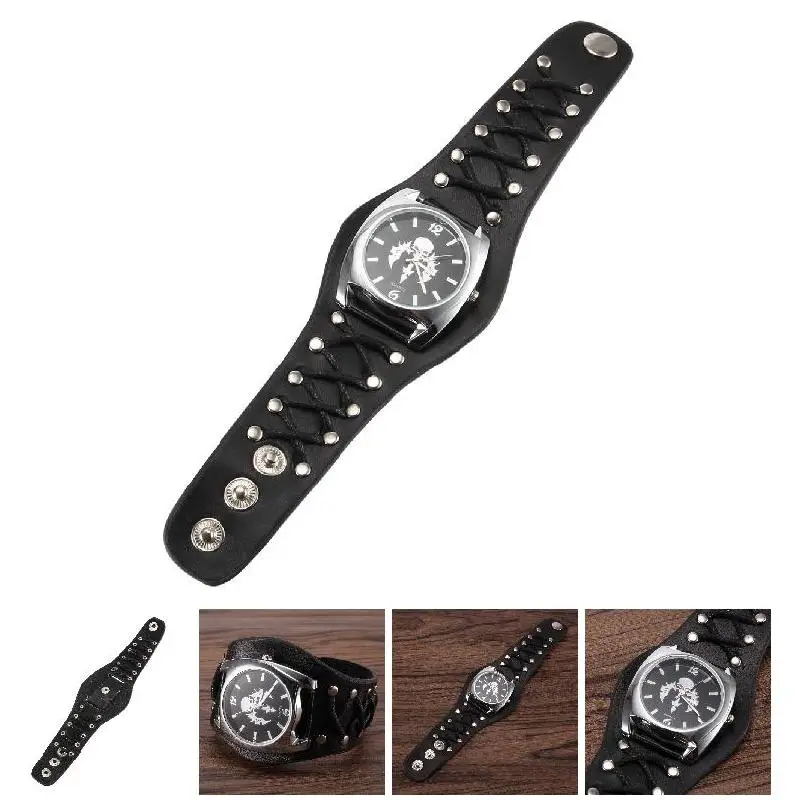 

Women Men Punk Style Quartz Wrist Watch with Skull Pattern Dial Rivet Strap Cool Watches K2
