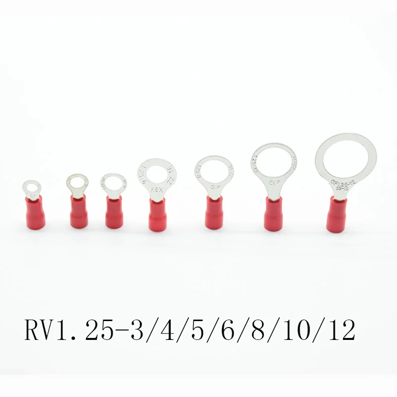 50pcs red RV1.25- 3 4 5 6 8 10 12 Ring Insulated Wire Connector Electrical Crimp Terminal  Cable Wire Connector AWG