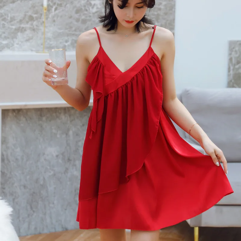 

2022 good quality sexy spaghetti straps V neck Ruffles Silk Chiffon Patchwork nighgowns sleepwear women sexy nightgowns AD553