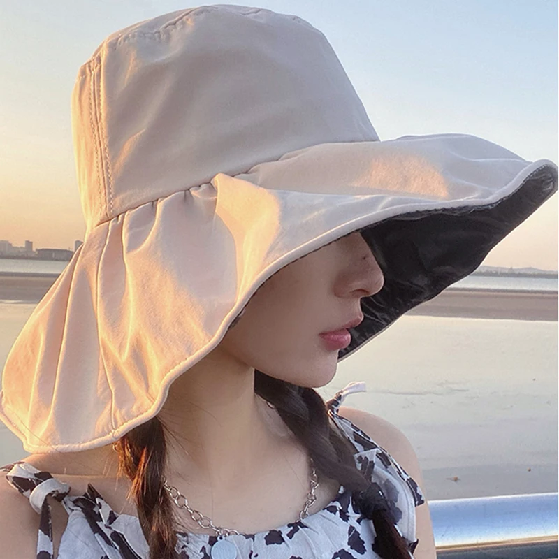 

Для женщин летние большие пляжные шляпы с широкими полями с защитой от солнца Шапки Открытый Защита от ультрафиолетовых лучей ведро шляпа с...