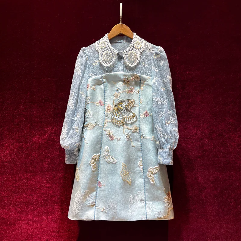 

Vintage Ladies Fall 2021 A-line Skirt Doll Collar Lace Stitching Heavy Beaded Long-sleeved Dress for Women