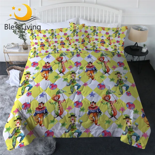 BlessLiving Clown Summer Quilt Set Ball and Umbrella Comforter Watercolor Bedding Throw Yellow White Thin Duvet Set Funny Colcha 1