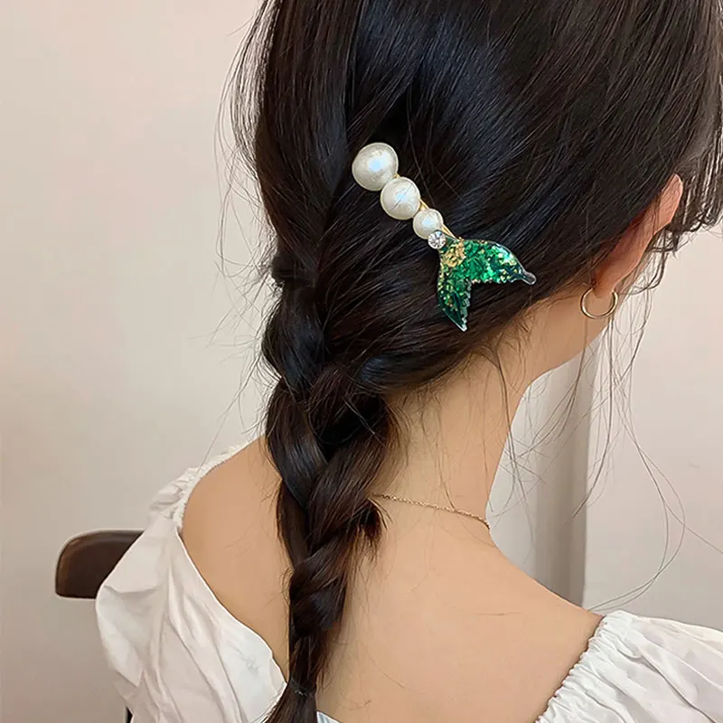 

Mermaid Fishtail Pearl Hair Clips New Crystal Pearl Barrettes Hollow Geometric Colorful Sequin Sweet Side Clip Hair Accessories
