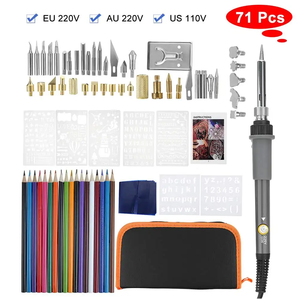 

71pcs Adjustable Temperature Pyrography Electric Soldering Iron Kit 60W Engraving Heat Color Pencil Welding Solder Repair Tools