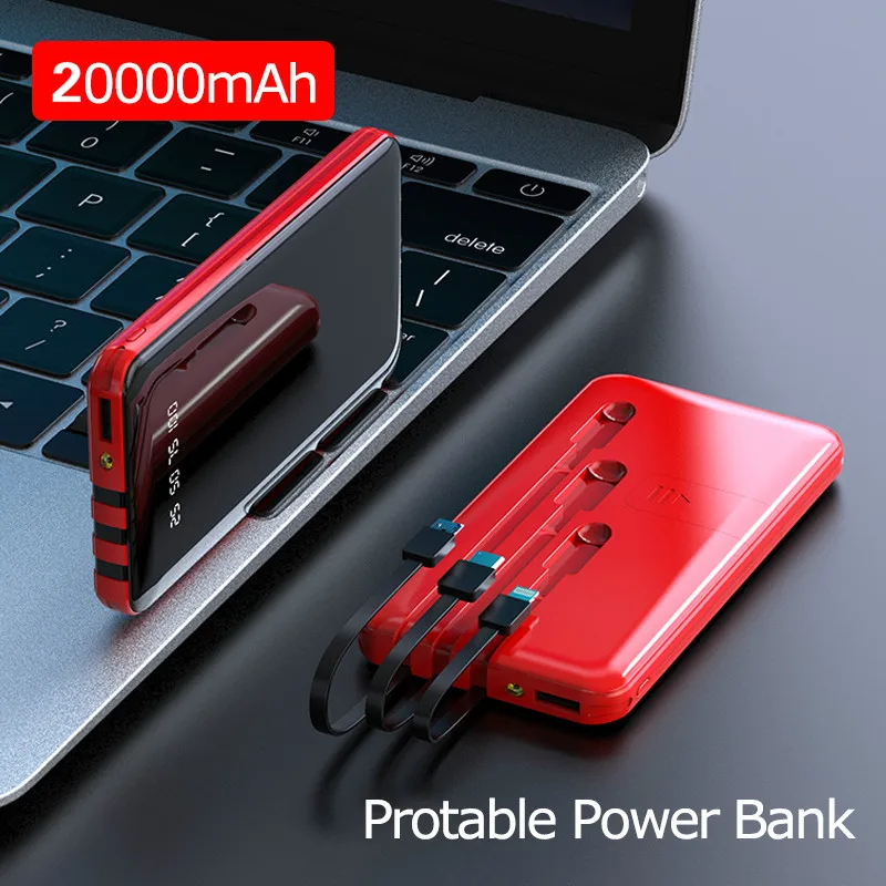 20000 мАч портативный внешний аккумулятор полный экран Встроенный 3 кабеля Powerbank