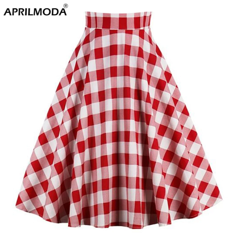 

2021 School Checkered Plaid Casual Skirt Women Red and White 50s High Waist Rockabilly Cotton Summer Vintage Swing Women Skirts