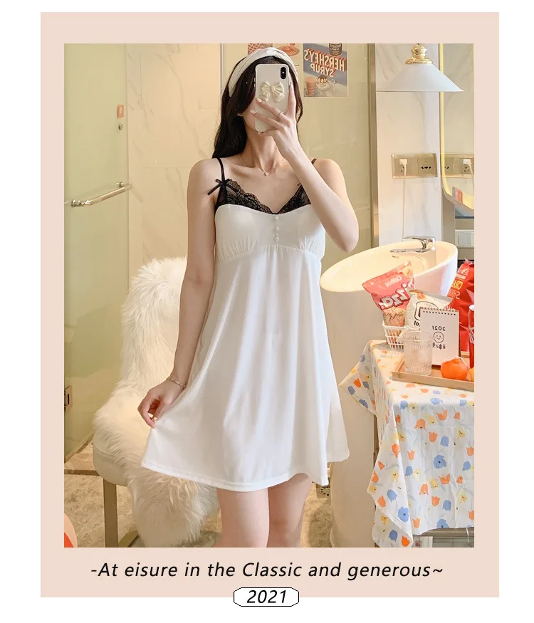 

Sexy Nightdress Women's Summer Korean Generous Lace Sling Nightgown Thin Medium Length Dress Female Nightwear Lady Sleepwear