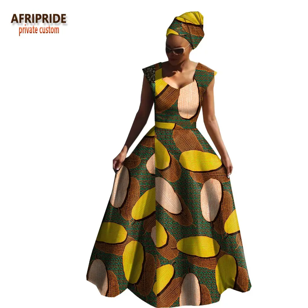 Afripride, Африканское весеннее Хлопковое платье для женщин, без рукавов, v-образный вырез, длина до пола, женское платье с повязкой на голову A1825039 - Цвет: 561J