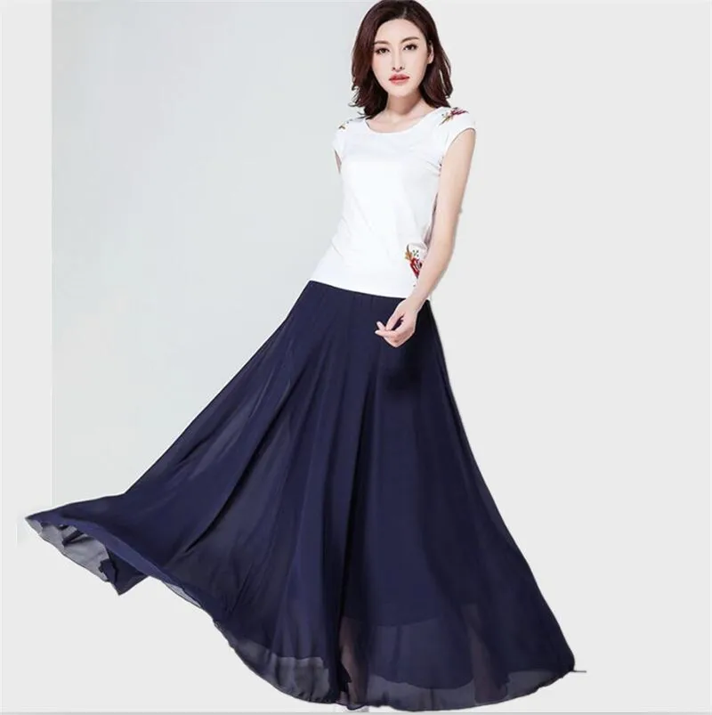 navy blue Осенние женские длинные юбки шифоновая однотонная универсальная Офисная Женская юбка вечерние макси юбки большие размеры Vestido 6XL 7XL - Цвет: navy blue