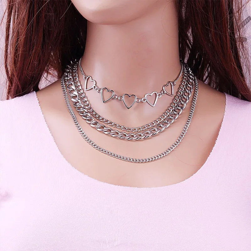 

New Vintage Fashion Silver Color Heart-shape Multilevel Chain Pendant Necklaces For Women Necklace Female Boho Jewelry Gift