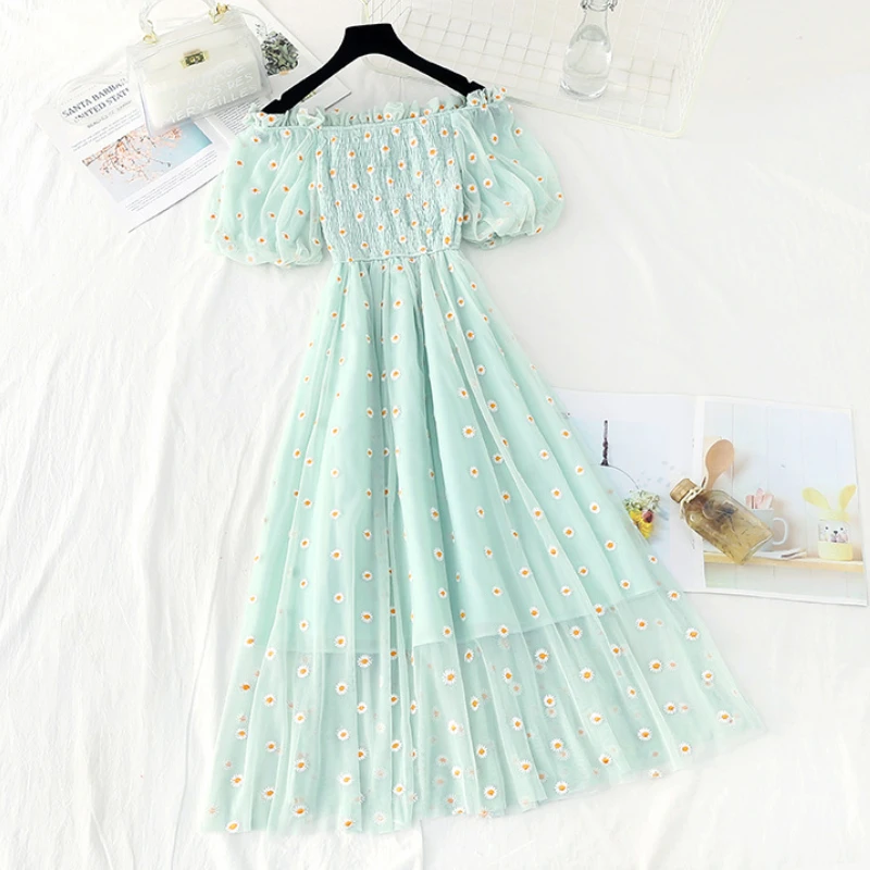 С вышивкой с открытыми плечами платье феи-шик нежное Женский 2021 Новый Стиль Милая