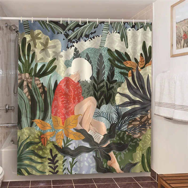 S White Hair Woman Art Printed Shower Curtain Waterproof Polyester Bath Screen 180