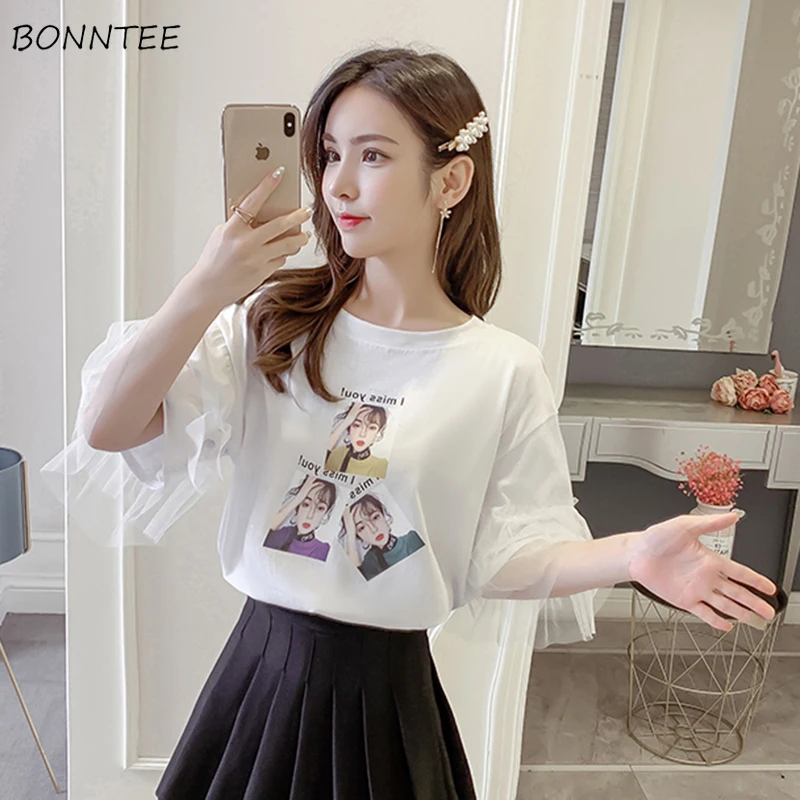 

T-shirts Women Lace Flare Sleeve Lovely Trendy All-match Womens Korean Style Breathable Elegant O-neck 2020 New Chic Hot Sale