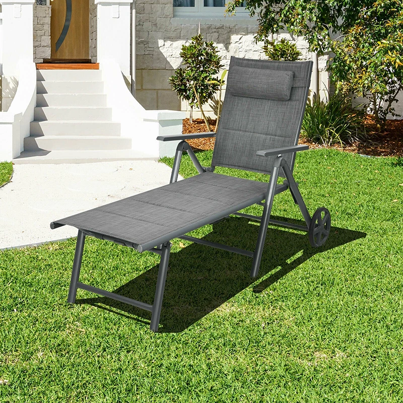 

7 Adjustable Positions Patio Reclining Chaise Lounge Sturdy Aluminum Frame Breathable Cotton Padded Seat Fabric Sun Loungers