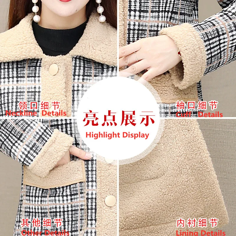 

Lambswool Plaid Jacket Winter Women's New Middle Long Single-Breasted Thicken plus velvet Cardigan Top Loose Woolen Coat Female