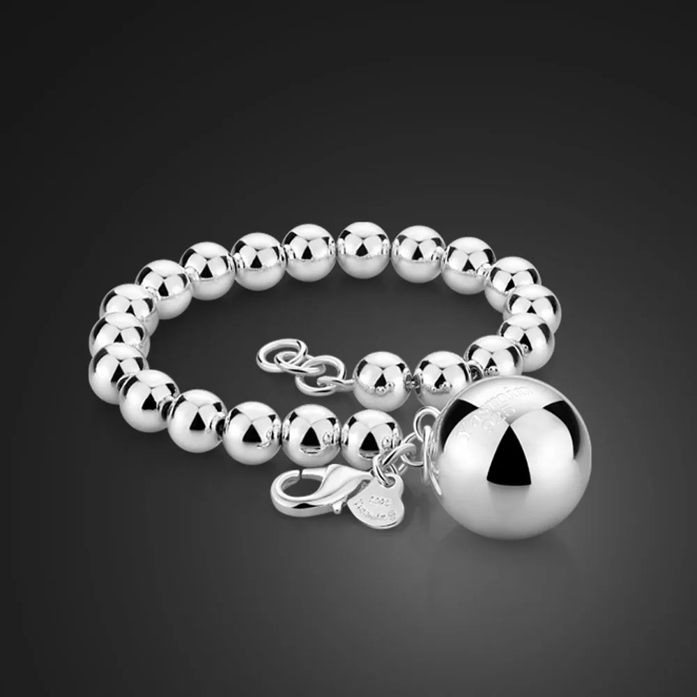 

Fashion 100% 925 Sterling Silver Round Bead Bracelet Women Charm Hand Catenary 6MM/8MM/10MM Bangle Cuff Jewelry Wholesale