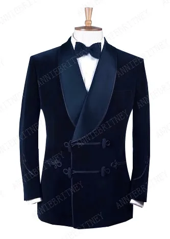 Navy Blue ANNIEBRITNEY темно-синий мужской костюм, приталенный смокинг на заказ, блейзер, костюмы на выпускной, свадьбу(бархатный пиджак+ черные хлопковые брюки - Цвет: Navy Blue